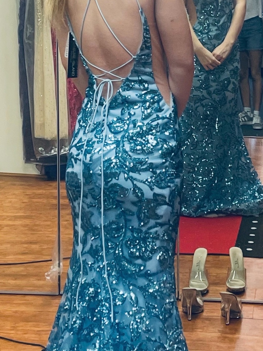 Sequin Lace-Up Back Teal Prom Dress